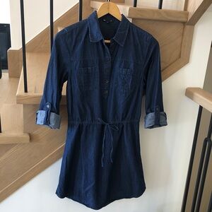 GAP Chambray Dark Denim Shirt Dress with Roll Sleeves & Cinch Waist, Size M
